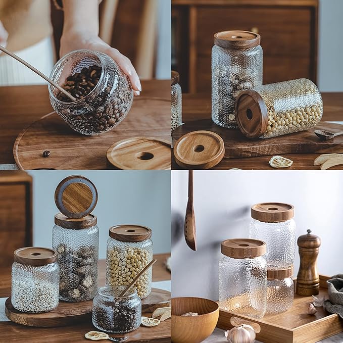 Viovian Glass Storage Jars With Wooden Lids 34 oz Anti-Slip Coffee Sugar Container Decorative Glass Canister Jar for Food Coffee Bean Candy Cookie 1000ml