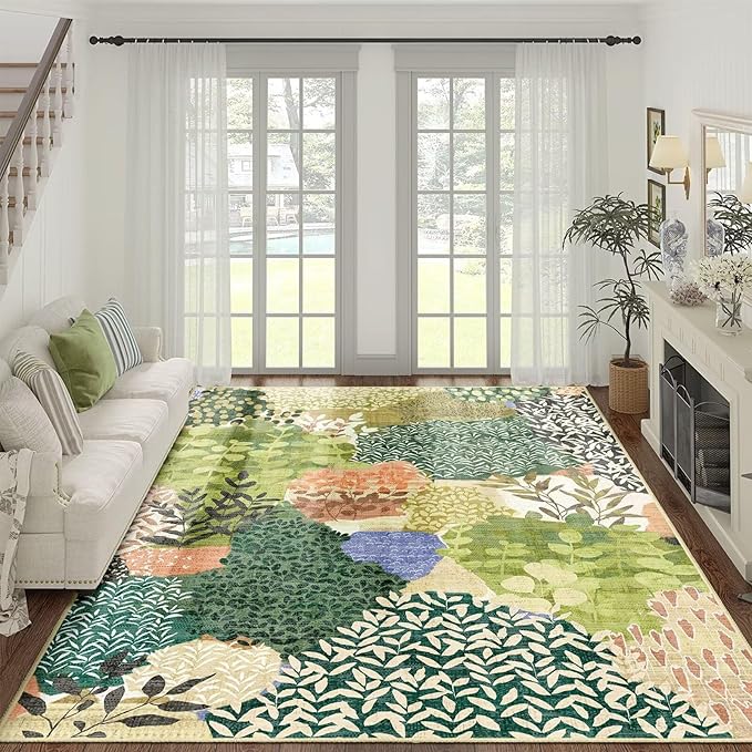 DEXDE 8x10 Area Rug, Soft Washable Abstract Area Rugs Non-Slip Vintage Boho Rug Leaves Floral Print Carpet for Living Room, Bedroom, Entryway, Office, Dining Room, Kids Playroom,Green