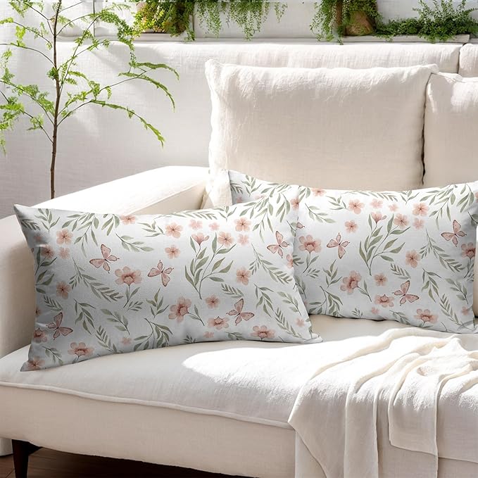Spring Pillow Covers 12x20 Set of 2 Sage Green Pink Floral Throw Pillow Covers Boho Pillowcase Linen Decoration Farmhouse Soft Decorative Butterfly Cushion Case Couch for Indoor Outdoor Home Decor