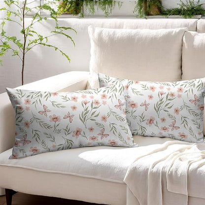 Spring Pillow Covers 12x20 Set of 2 Sage Green Pink Floral Throw Pillow Covers Boho Pillowcase Linen Decoration Farmhouse Soft Decorative Butterfly Cushion Case Couch for Indoor Outdoor Home Decor