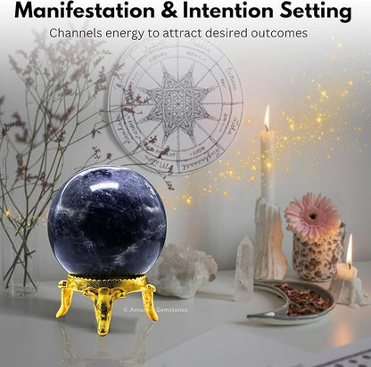 Amazing Gemstone Iolite Crystal Ball with Stand - 1.5 Inches Crystal Sphere Meditation Balls for Witchcraft and Decorative Balls