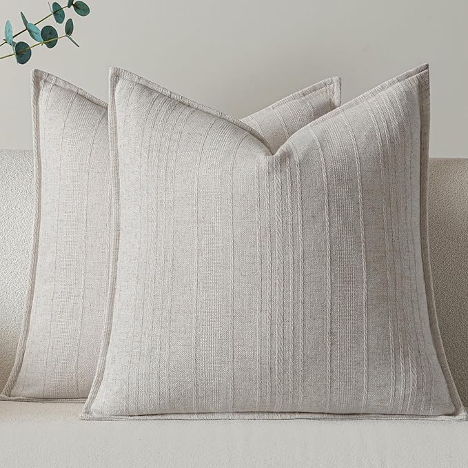 a moment Linen Pillow Covers Set of 2,Boho Farmhouse Throw Pillowcases Neutral Textured Decorative Covers for Couch Sofa,Soft Linen Blend Accent Case Cushion Living Room Home Decor 24"x24"Ivory