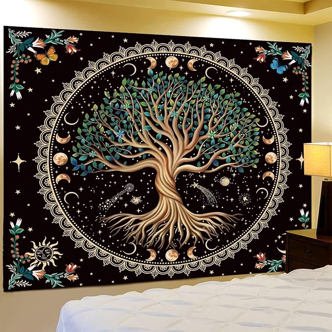 Moon Phase Tree of Life Tapestry Nature Flower Plant Butterfly Tapestries Boho Mandala Spiritual Tapestry Aesthetic Wall Hanging for Home Decor Bedroom Living Room Dorm Decor (70.87" x 90.55", Blue)