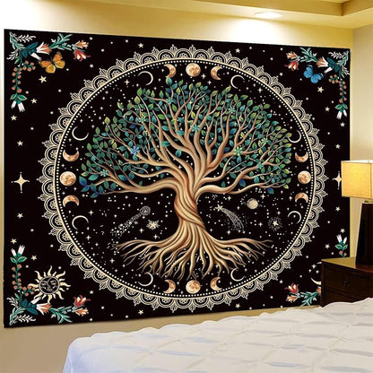 Moon Phase Tree of Life Tapestry Nature Flower Plant Butterfly Tapestries Boho Mandala Spiritual Tapestry Aesthetic Wall Hanging for Home Decor Bedroom Living Room Dorm Decor (70.87" x 90.55", Blue)