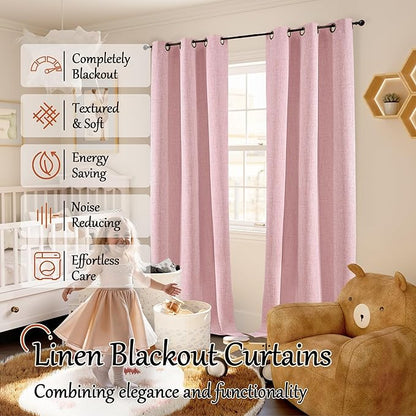 Lajode Baby Pink Linen Blackout Curtains 84 Inch Long for Living Room Narrow Window, 38 Inch Wide Thermal Insulated Light Blocking Small Curtains for Girls Bedroom Kids Nursery, 38x84 Inch 2 Panels
