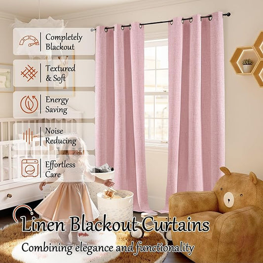 Lajode Baby Pink Linen Blackout Curtains 84 Inch Long for Living Room Narrow Window, 38 Inch Wide Thermal Insulated Light Blocking Small Curtains for Girls Bedroom Kids Nursery, 38x84 Inch 2 Panels