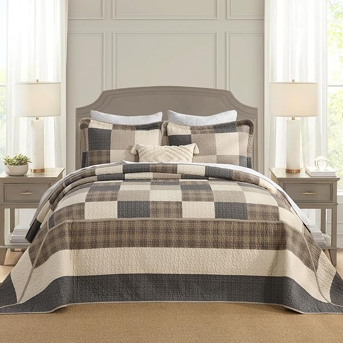 Oversized King Bedspread 128"x120" - 100% Cotton Lightweight California King Quilt with 2 Pillowshams, Printed Plaid Extra Wide Quilted Bedding Coverlet for All Season, Charcoal/Beige/Brown