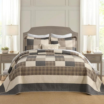 Oversized King Bedspread 128"x120" - 100% Cotton Lightweight California King Quilt with 2 Pillowshams, Printed Plaid Extra Wide Quilted Bedding Coverlet for All Season, Charcoal/Beige/Brown