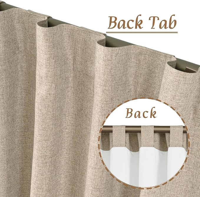 LAMIT Natural 100% Blackout Linen Curtains, 48 Inches Linen Textured Thermal Bedroom Curtains Back Tab and Rod Pocket Neutral Panels with White Liner for Farmhouse, 2 Panels, 42 x 48 Inch, Taupe
