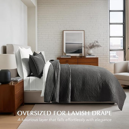 EVERGRACEHOME Cotton Sateen Quilt Set Queen Size, Pre-Washed Cotton Channel Stitch Coverlet Bedspread, 3 Pieces Lightweight Soft Bedding Sets for All Season, with 2 Pillow Shams, Washed Black