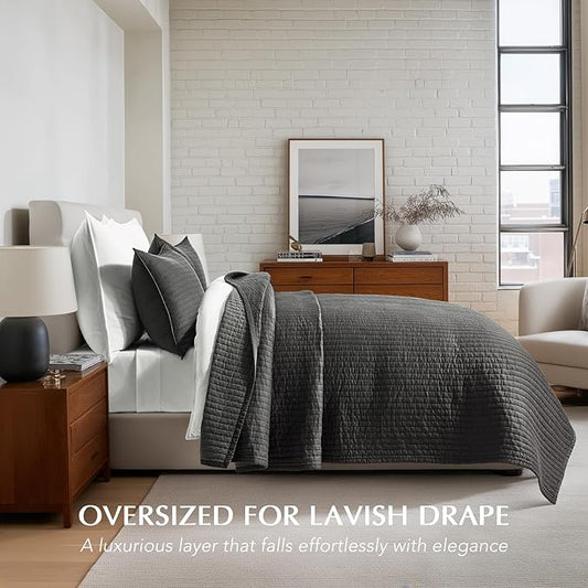 EVERGRACEHOME Cotton Sateen Quilt Set Queen Size, Pre-Washed Cotton Channel Stitch Coverlet Bedspread, 3 Pieces Lightweight Soft Bedding Sets for All Season, with 2 Pillow Shams, Washed Black