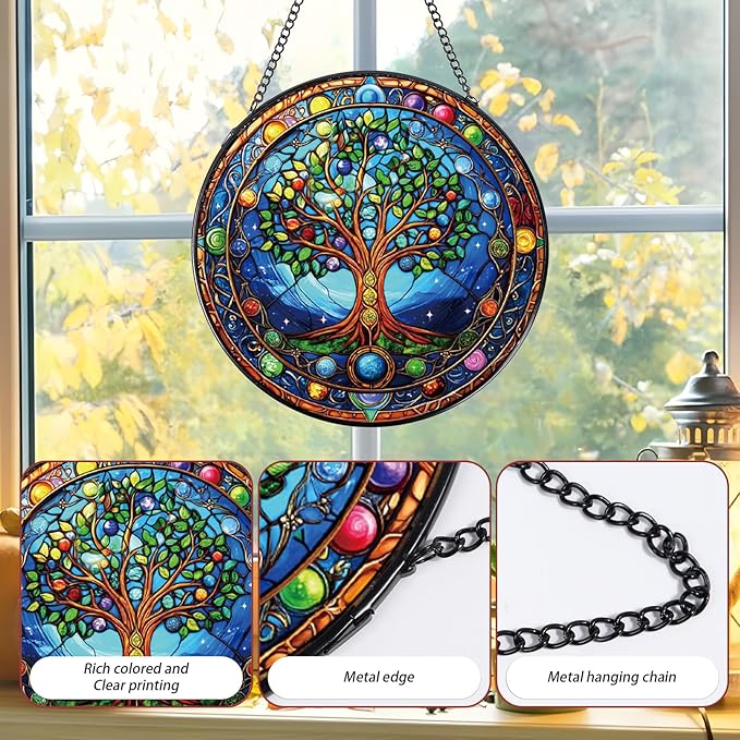 Rngmsi Tree of Life Stained Glass Window Hanging Gifts, 7.8″ Sun Catchers for Indoor Window Decor, Decorative Sun Catchers Home Wall Art Gift for Thanksgiving Christmas Housewarming