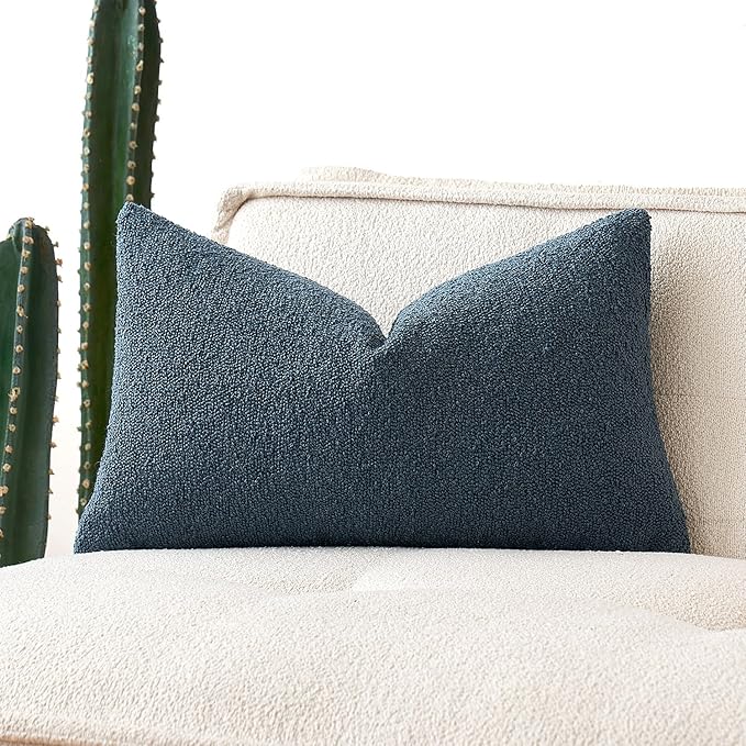 MIULEE Textured Boucle Throw Pillow Cover Dark Blue Accent Solid Lumbar Pillow Case Decorative Soft Pack of 1 Couch Cushion Chair Sofa Bedroom Livingroom Home Decor,12x20 Inch