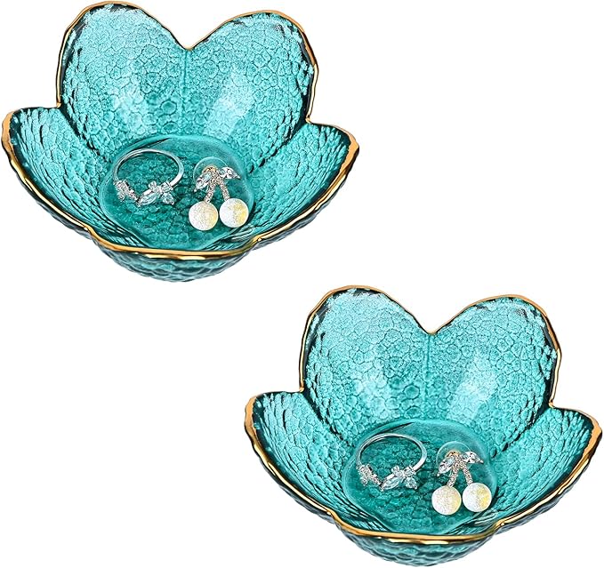 Koythin 2-Piece Glass Jewelry Tray, Small Trinket Holder for Necklace Bracelet Earring, Ring Holder for Bathroom, Aesthetic Trinket Dish, Flower Nightstand Decor for Girl Mom Women (Green)