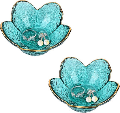 Koythin 2-Piece Glass Jewelry Tray, Small Trinket Holder for Necklace Bracelet Earring, Ring Holder for Bathroom, Aesthetic Trinket Dish, Flower Nightstand Decor for Girl Mom Women (Green)