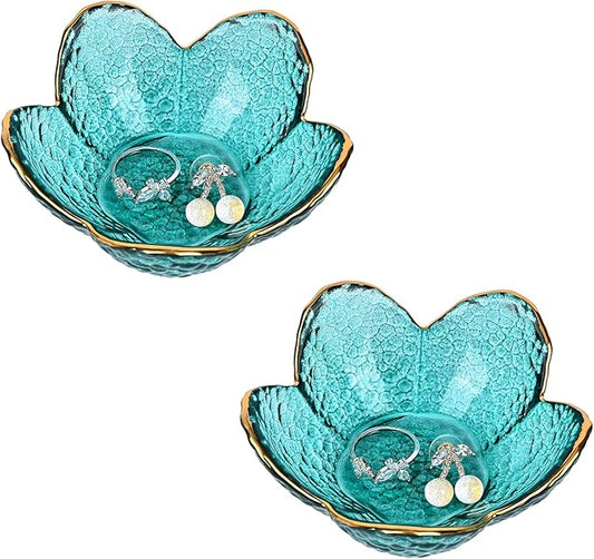 Koythin 2-Piece Glass Jewelry Tray, Small Trinket Holder for Necklace Bracelet Earring, Ring Holder for Bathroom, Aesthetic Trinket Dish, Flower Nightstand Decor for Girl Mom Women (Green)