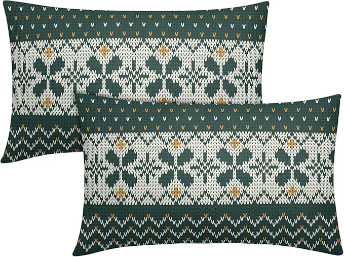 Dark Green Christmas Lumbar Pillow Covers 12x20 Set of 2 Xmas Floral Pattern Rustic Decorative Outdoor Farmhouse Pillowcases Decorations Winter Holiday Throw Cushion Cover Decor for Couch Sofa Bed