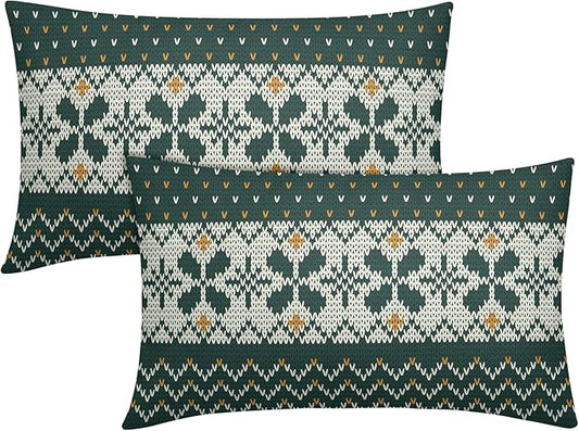 Dark Green Christmas Lumbar Pillow Covers 12x20 Set of 2 Xmas Floral Pattern Rustic Decorative Outdoor Farmhouse Pillowcases Decorations Winter Holiday Throw Cushion Cover Decor for Couch Sofa Bed