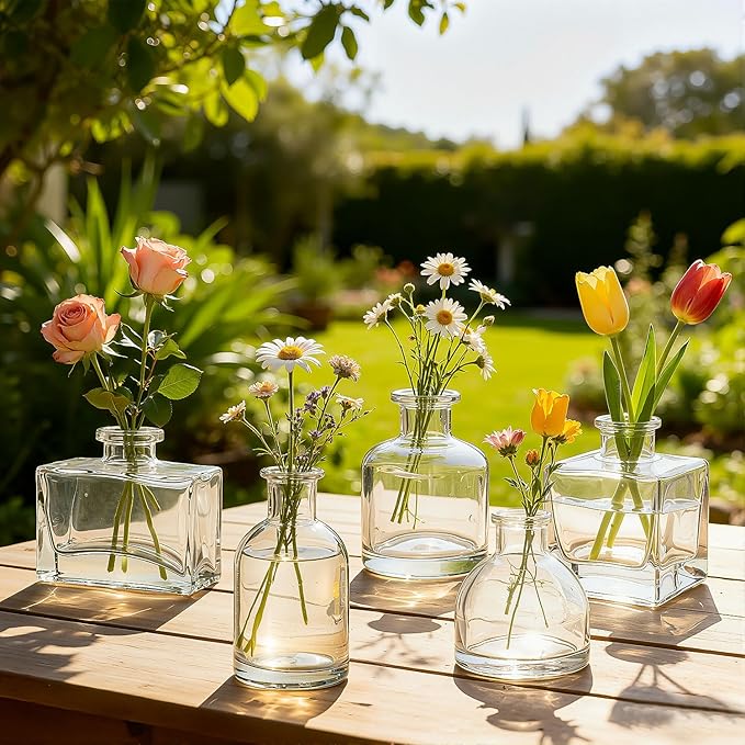 5 Pcs Glass Bud Vases Set, Mini Vintage Bulk Clear Vases for Centerpieces Decor, Cute Tiny Glass Flower Vases for Wedding Party Home Table Decoration