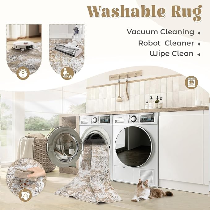 9x12 Area Rug for Living Room, Washable Modern Abstract Large Area Rug Neutral Soft Non Slip Kids Rug Stain Resistant Indoor Carpet for Bedroom Dining Room Playroom Home Office(Beige, 9'x12')