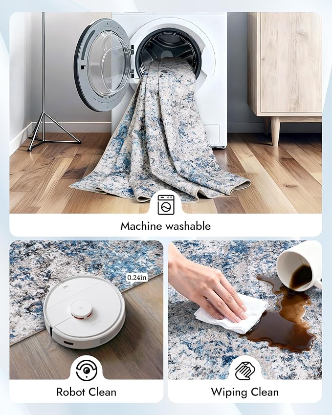Modern Abstract Washable Area Rugs - 3x5 Contemporary Soft Mat Stain Resistant Non Slip Low Pile Indoor Throw Rug for Bedroom Kitchen Office Chair Desk - Grey/Blue