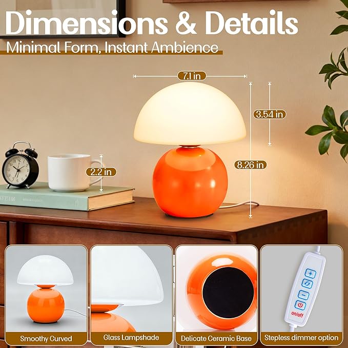 Cute Small Mushroom Lamp Decor,USB-Plug in Bedside Table Lamps with 3-Temperature LED Bulb Dimmable,Modern Aesthetic Home Decor for Livingroom/Bedroom/Dorm/Nursery (Orange with Plug)