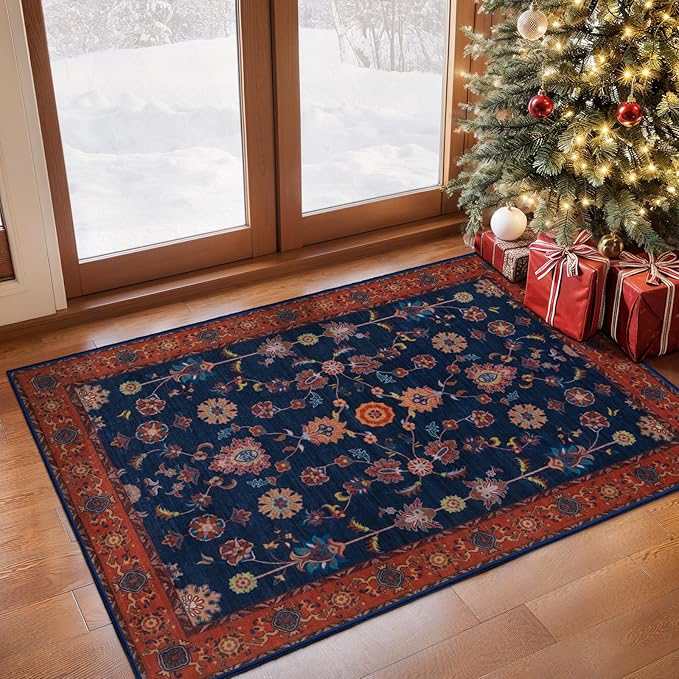 Tangsoo Floral Small Rug 2x3 Washable Rug for Entryways Vintage Non-Slip Area Rugs Red Blue Entry Rugs Distressed Floor Carpet Soft Low Pile Door Mat for Entrance Bedroom Kitchen Foyer Decor