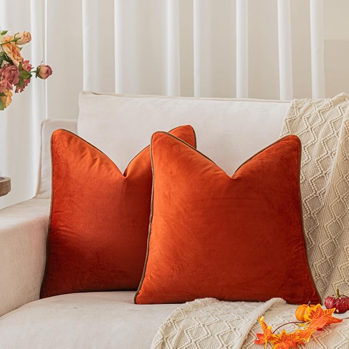 LIGICKY Set of 2 Fall Pillow Covers Rust Velvet Throw Pillow Covers Decorative Modern Autumn Rope Edging Soft Square Cushion Cases for Sofa Bedroom Party Décor, 18 x 18 inch