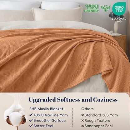 PHF 100% Cotton Muslin Blanket King Size 108"x90", 4-Layer Lightweight Gauze Throw, Breathable Cloud-Soft Minimalist Blanket for Bed, Couch, Camping & Baby, Caramel, Ideal Gift