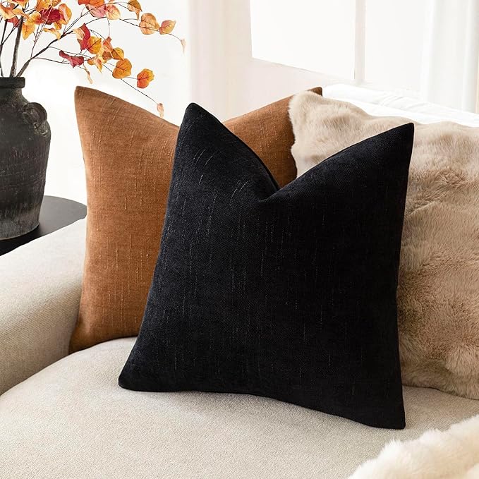 Foindtower Pack of 2 Soft Textured Chenille Throw Decorative Pillow Covers Square Accent Solid Cushion Cover Cozy Farmhouse Pillow Case with Zipper for Couch Sofa Bedroom Living Room 16x16 Inch, Black
