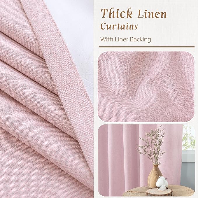 LAMIT Full Blackout Window Curtains for Baby Girl Bedroom, 54 Inches Thermal Farmhouse Curtains Back Tab and Rod Pocket Privacy Protected Panels with White Liner, 2 Panels, 52 x 54 Inch, Pink