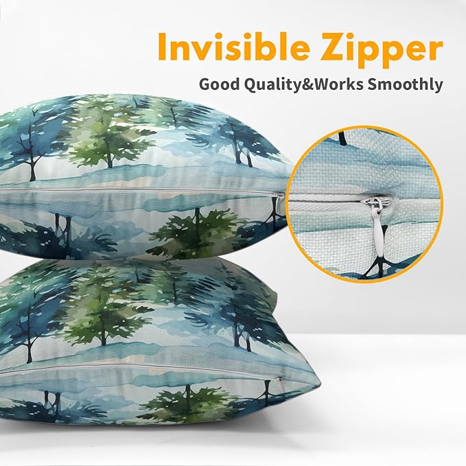 Watercolor Christmas Tree Pillow Covers 22x22 Set of 2 Blue Green Xmas Print Vintage Decorative Outdoor Throw Pillow Cases Rustic Winter Holiday Decoration Farmhouse Sofa Couch Cushion Cover Bed Decor