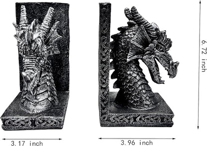 Book Ends for Shelves to Hold Books Heavy Duty,Decorative Bookend for Bookshelf Décor, Animal Dragon Book Stopper Dragon Statues for Home, Office Desk, Living Room Decoration,Vintage Silver,1pair