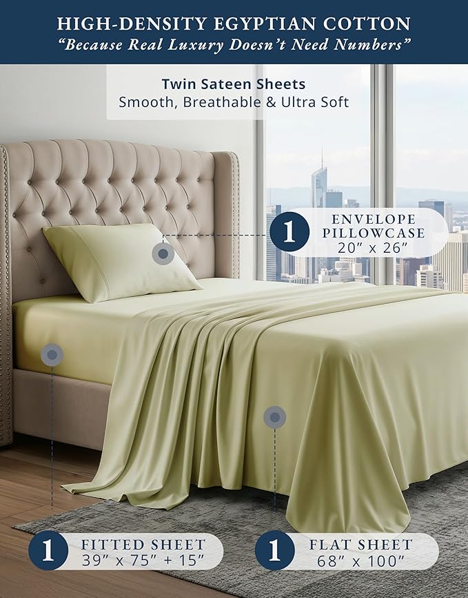 LANE LINEN 100% Egyptian Cotton Sheets, Sustainably Produced Eco Friendly Luxury Hotel Like Thick sábanas Twin, 15 inch Reinforced French Seam deep Pocket Bed Sheets Twin - Sea Foam