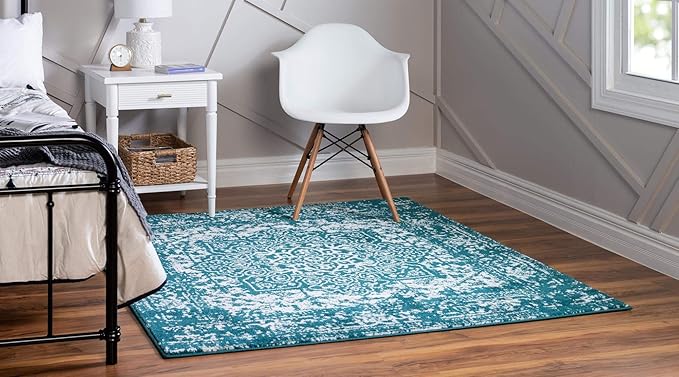 Rugs.com Arlington Collection Rug – 8 Ft Square Turquoise Medium-Pile Rug Perfect for Living Rooms, Kitchens, Entryways