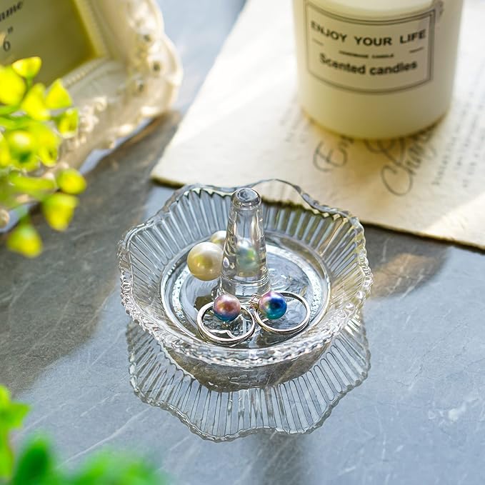 H&D HYALINE & DORA Crystal Scallop Ring Holder for Jewelry,Well-crafted Glass Rings Dish,Jewelry Rack Ring Holder for Wedding,Jewelry Display Decor Gift for Mom Wife Girlfriend(Clear)