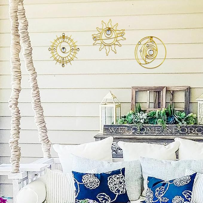 Manortang 9 Inch Metal Golden Wall Decor Abstract Sun Moon Star Wall Art Embelished Mystical Planet Indoor Outdoor Circle Wall Decorations for Bedroom Living Room Office Kitchen Bathroom Party 3pcs