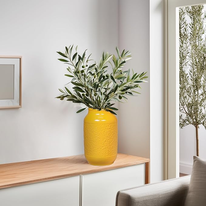 9 Inch Yellow Ceramic Vase for Flowers - Textured Mustard Round Cylinder Flower Vase - Modern Decorative Pottery - Boho Home Decor Centerpiece for Table, Bookshelf, Mantle, Fall Decoration