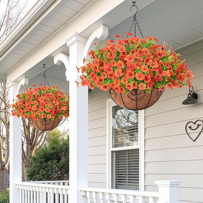 Artificial Fake Hanging Plants Flowers Basket Outdoors Summer Autumn Decor, Hanging Planter with Faux Silk Daisy Flowers Realistic UV Resistant for Outside Home Porch Front Patio Balcony Garden Orange