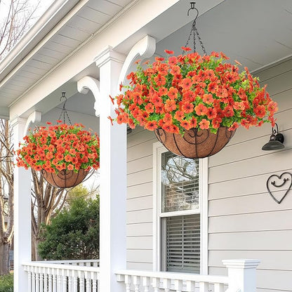Artificial Fake Hanging Plants Flowers Basket Outdoors Summer Autumn Decor, Hanging Planter with Faux Silk Daisy Flowers Realistic UV Resistant for Outside Home Porch Front Patio Balcony Garden Orange