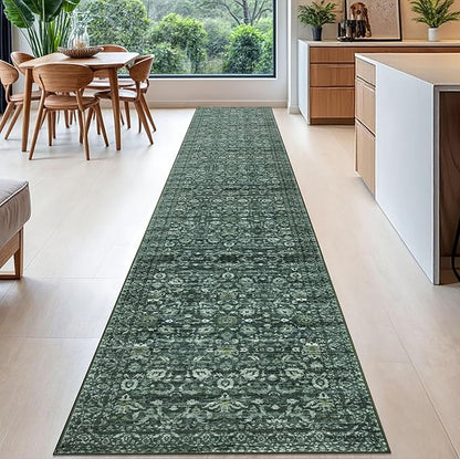 Runner Rug 2.6x16, Dark Green Washable Long Hallway Rug Runner Non-Slip Soft Kitchen Runner Thin Printed Faux Wool Super Soft Carpet for Entryway Bedroom Laundry Room Indoor Home Decor
