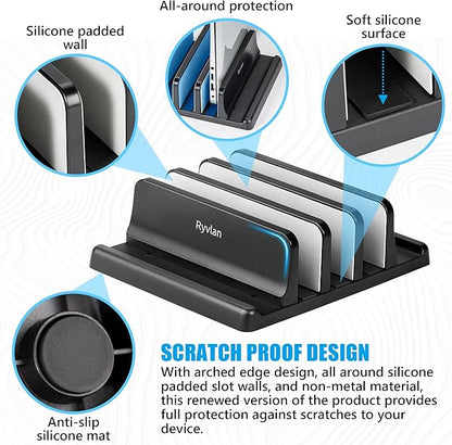 Ryvlan Vertical Laptop Stand, 3 Slot Adjustable Laptop Storage Rack and Desk Organizer, Silicone-Padded Holder for Multiple Devices Storage, Compatible Stand for Tablets and Devices up to 17 Inches
