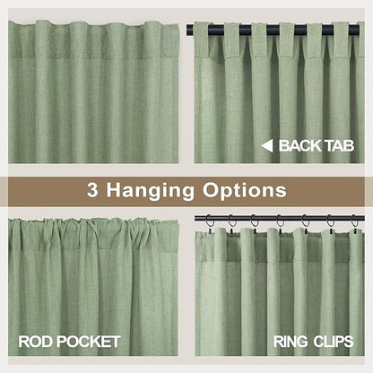 Sage Green Curtains 96 Inches Long for Living Room 2 Panels Back Tab Loop Pocket Linen Draperies Semi Privacy Sheer Light Weight Pale Green Curtains for Bedroom Office Bay Neutral Boho Farmhouse 8 FT