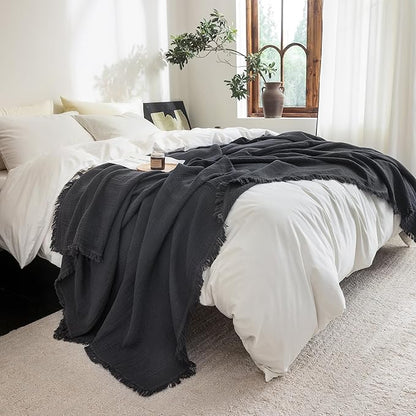 FOSSA Muslin Blanket with Fringe - 4-Layer 100% Cotton Gauze Super Soft & Breathable Throw -Lightweight Decorative Cooling Blanket for Bed, Sofa, Office (Dark Gray, Queen (90" × 90"))