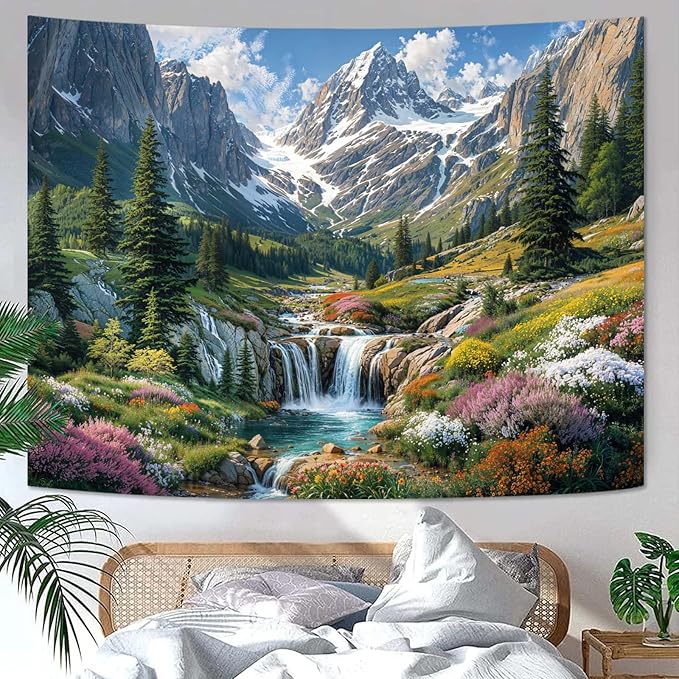 kampdream Snow Mountain Tapestry, Majestic Peaks and Creek Landscape Wall Hanging, Nature Home Decor for Bedroom and Living Room Wall Art Decoration