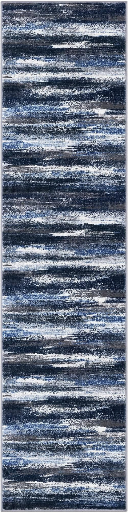 Modern Abstract Hallway Runner Rug, Navy Blue Washable Kitchen Runner Non-Slip Soft 2x8 Runner Rug Thin Print Faux Wool Carpet for Entryway Bedroom Laundry Room Indoor