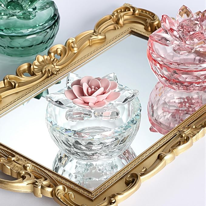 Crystal Jewelry Box, Small Glass Trinket Jar with Lid, Clear Lotus Flower Storage Holder for Women, Elegant Organizer Dish for Ring, Earrings, Necklace, Gift (Green)