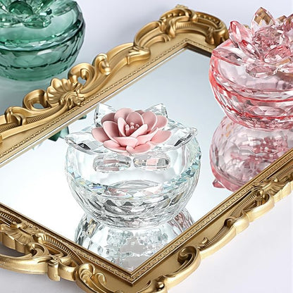 Crystal Jewelry Box, Small Glass Trinket Jar with Lid, Clear Lotus Flower Storage Holder for Women, Elegant Organizer Dish for Ring, Earrings, Necklace, Gift (Pink Flower)
