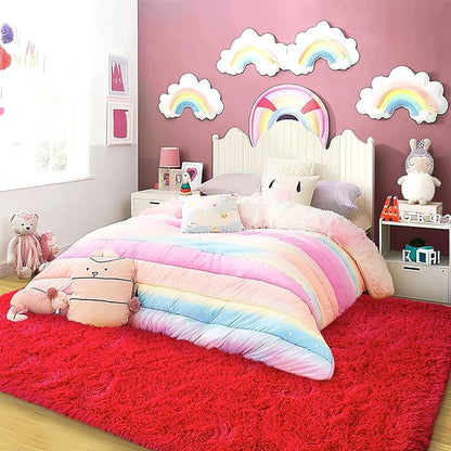 Super Fluffy Rug for Bedroom, 4x6 Shag Fuzzy Area Rug for Living Room Bedroom, Plush Soft Carpet for Girls Boys Kids, Non Slip Throw Rugs for Dorm, Modern Home Decor Aesthetic, Red