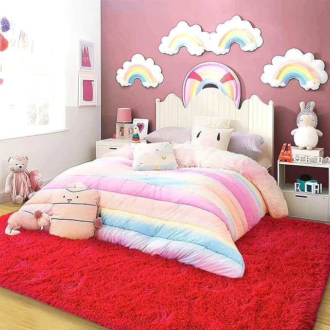 Ultra Fluffy Rug for Living Room Bedroom, 5x7 Fuzzy Large Area Rug for Living Room, Plush Soft Shag Carpet for Girl Boy Kids, Non Slip Rug Modern Indoor Home Decor Aesthetic, Red